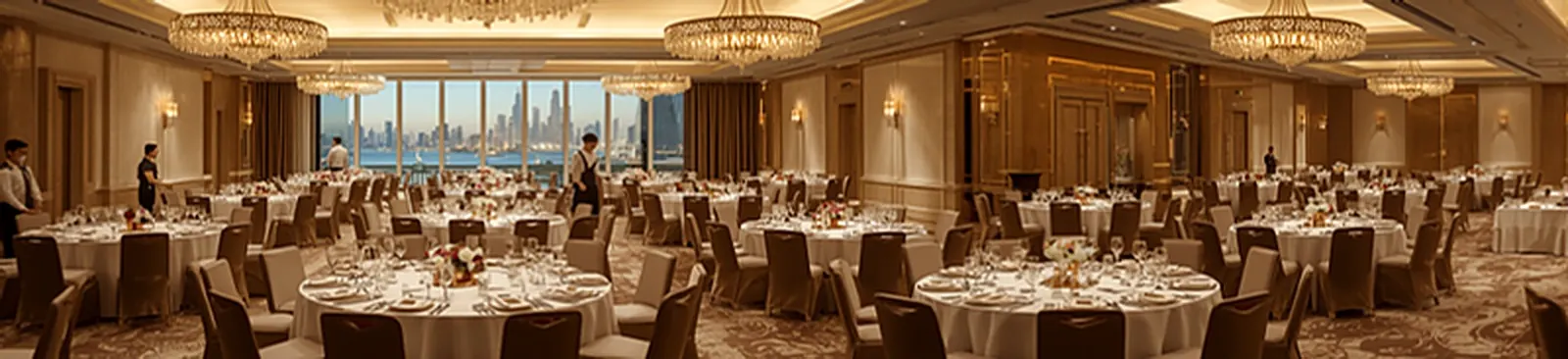 Banquet hall set with round tables, white linen and chandeliers overlooking the Dubai coastline