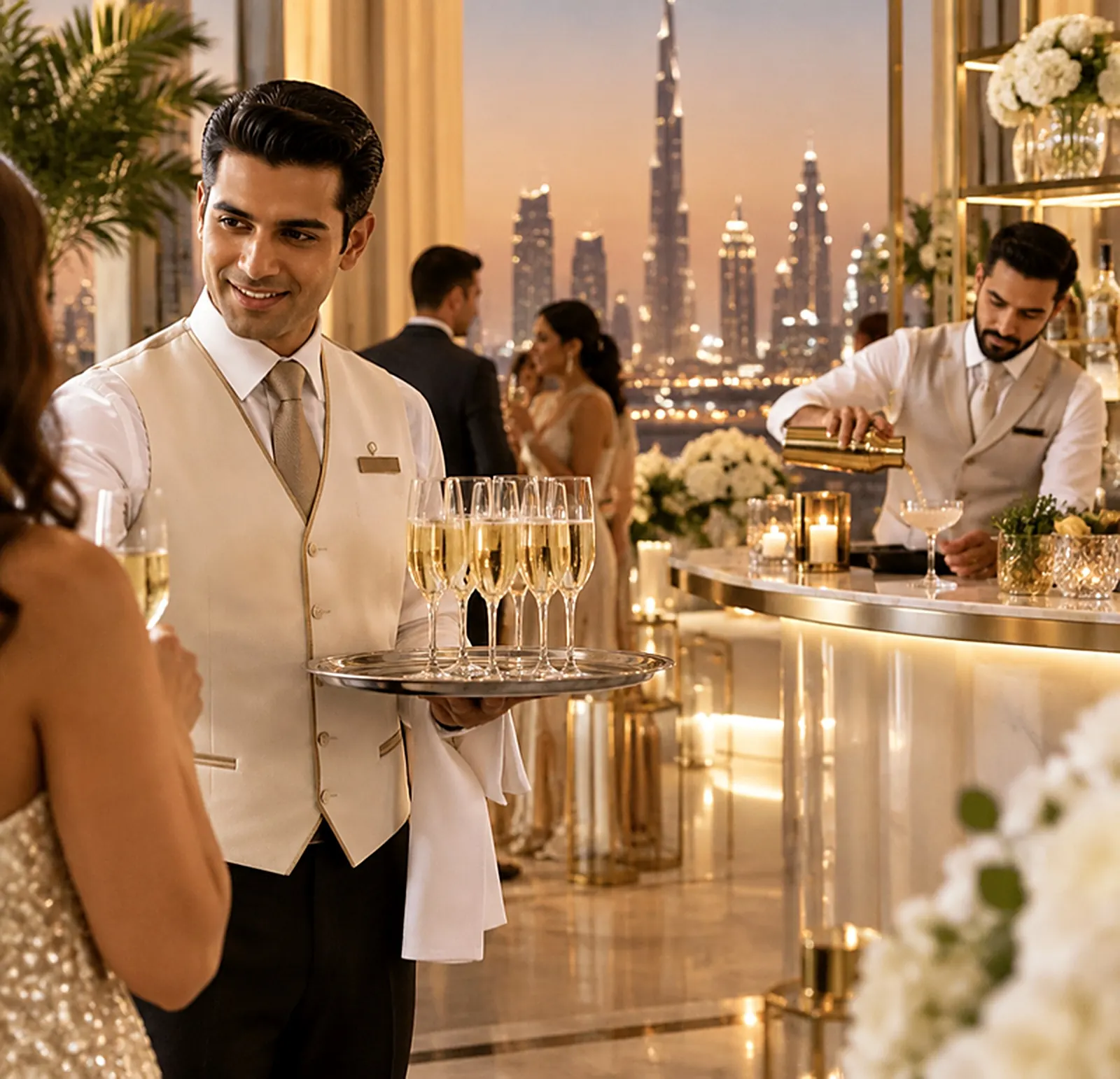 Waiter in a cream service waistcoat carrying a tray of champagne flutes at a Dubai evening event