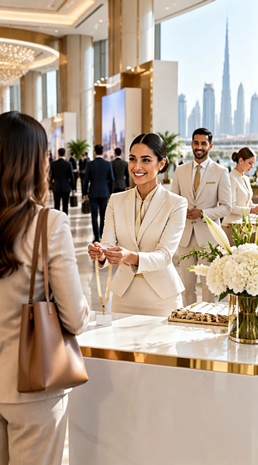 Hostess welcoming a guest at a corporate event registration desk