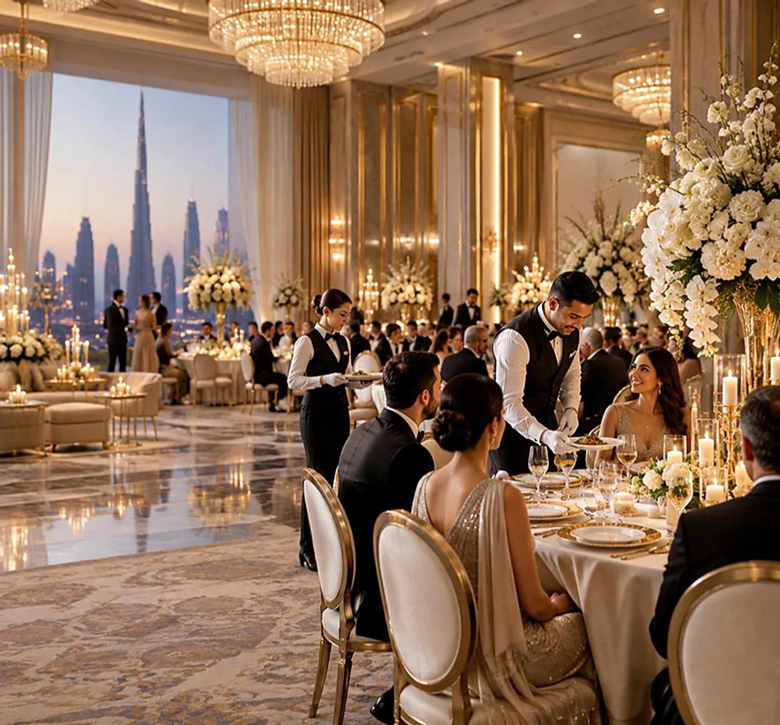 Guests and waiters at a formal Dubai banquet — the kind of moment captured on photo and video