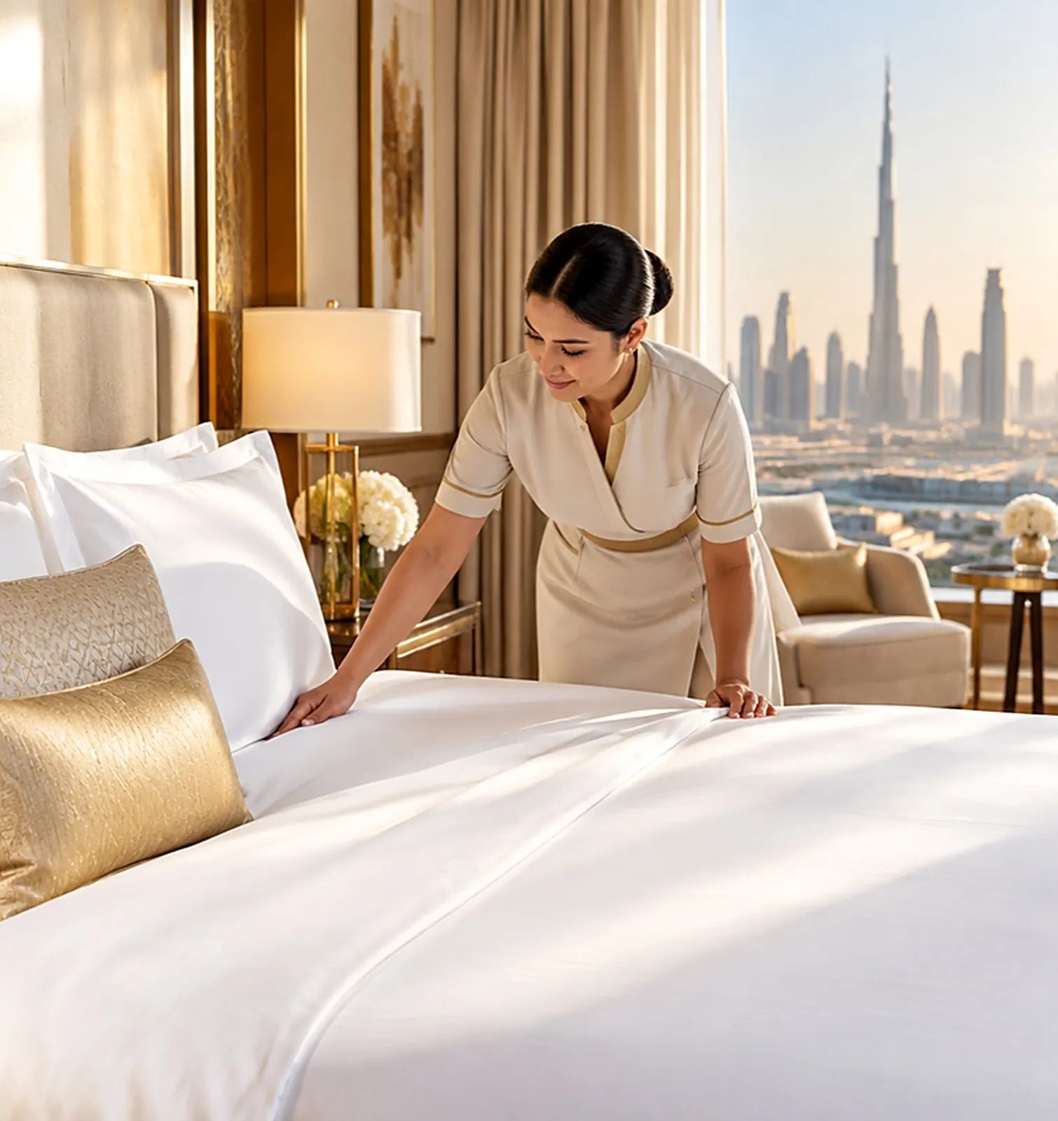 Housekeeper in a beige uniform making a hotel bed with white linen overlooking the Dubai skyline