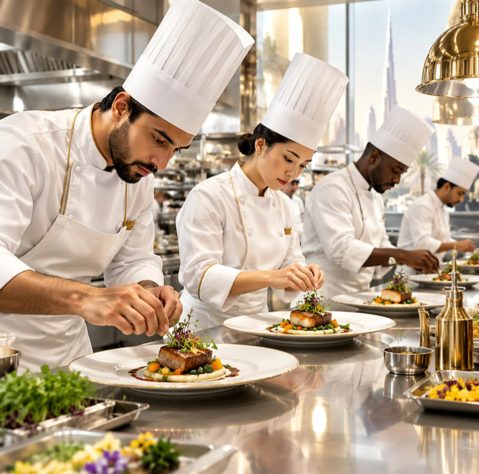 Two chefs in white jackets and toques plating dishes in a commercial kitchen