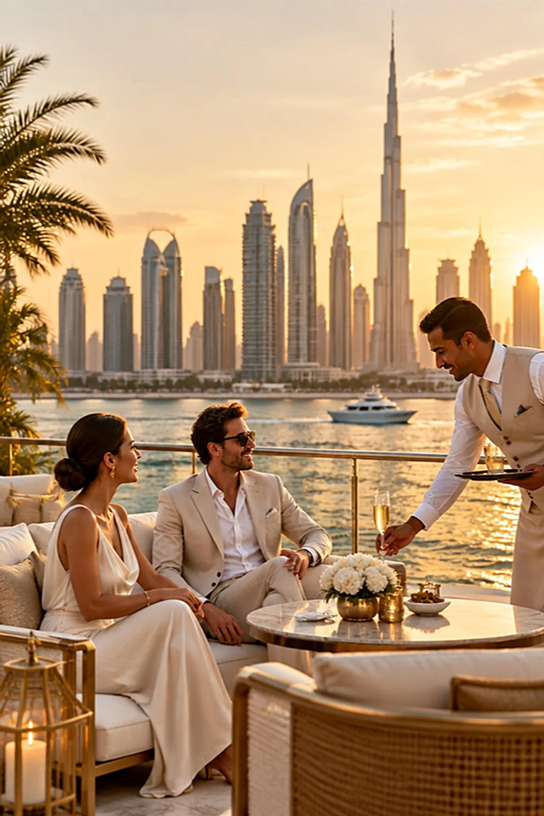 Server attending guests in a private waterfront lounge at sunset