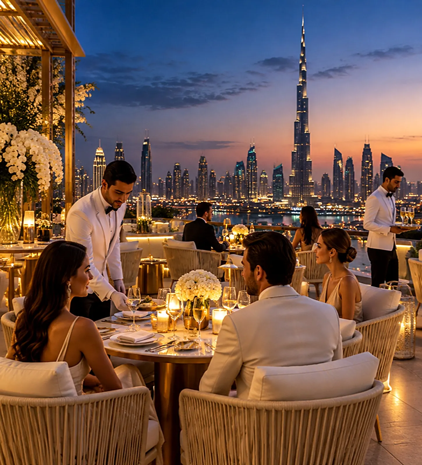 Guests at an evening rooftop dinner party served by a waiter, Burj Khalifa in the background