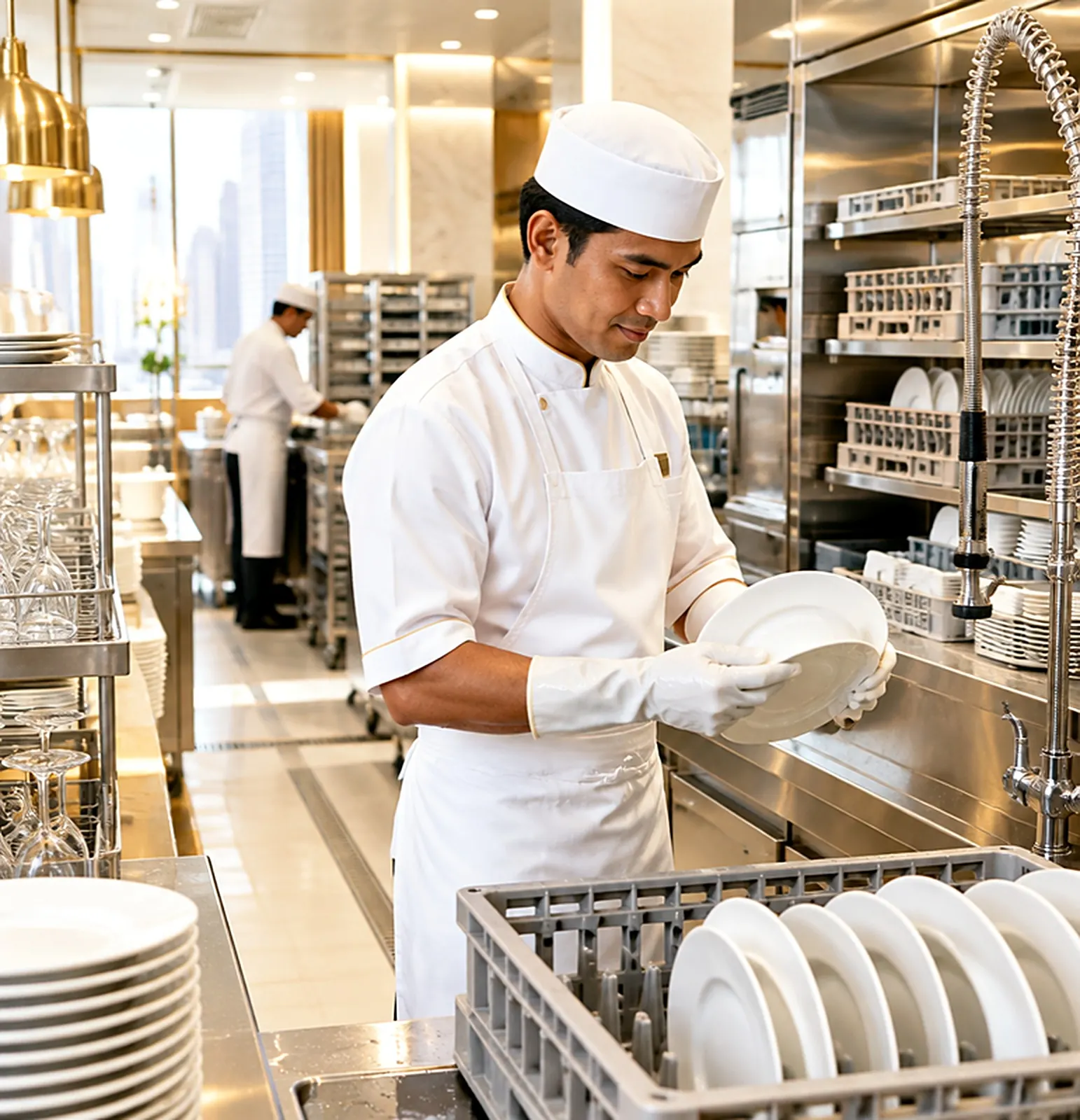 Kitchen steward in white uniform and gloves handling clean plates beside a dish rack