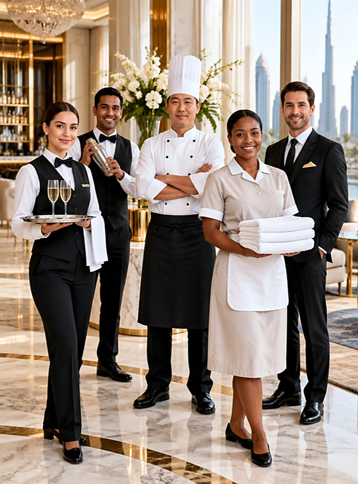 Golden Dream hospitality team: waitress, bartender, chef, housekeeper and host in uniform in a hotel lobby