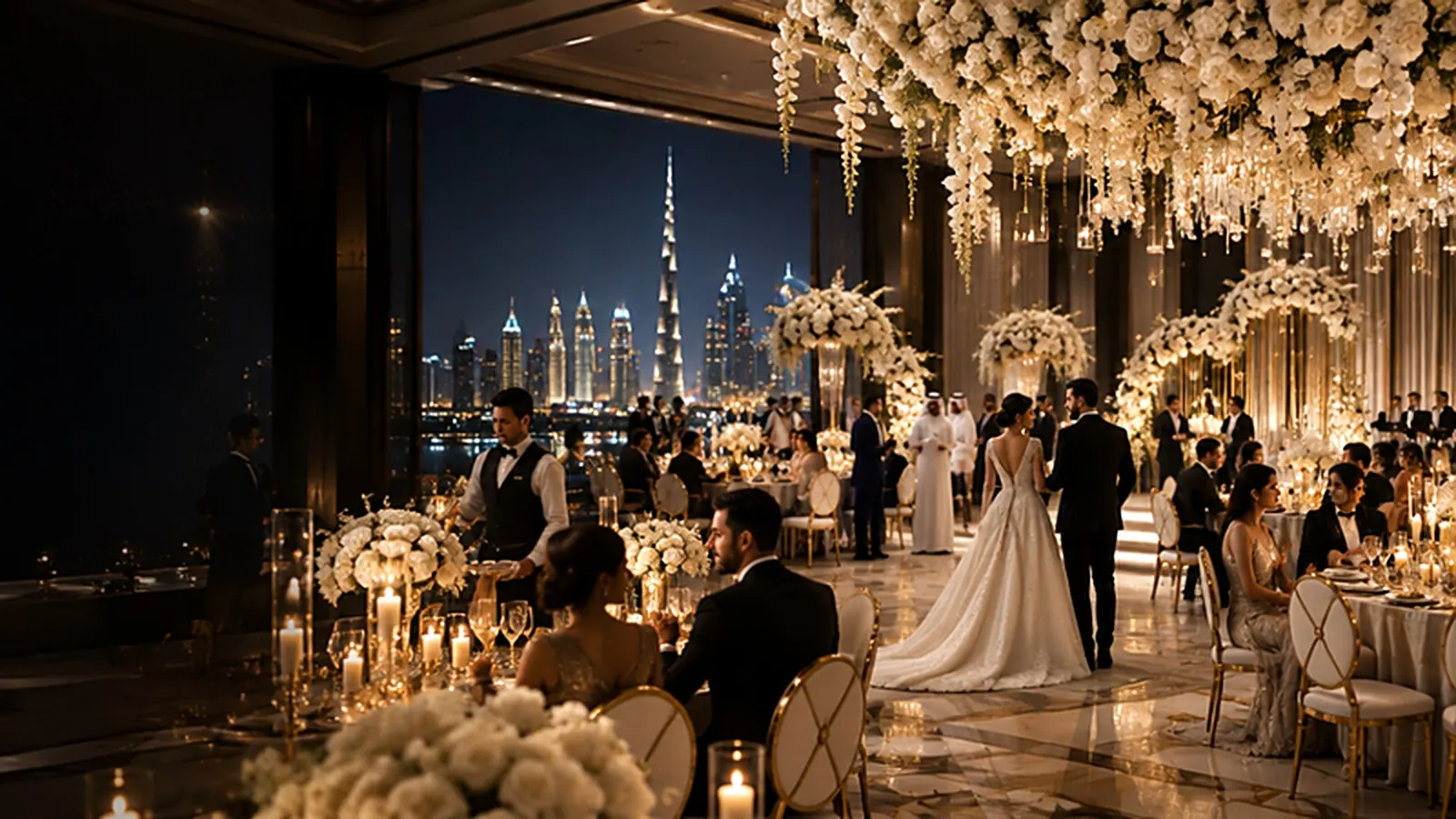 Bride and groom walking through a wedding reception with floral arches and guests at candlelit tables